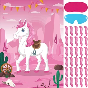 Hxezoc Pin The Tail On Horse Game With 30 Pcs Tails Large Pink Western... - Picture 1 of 12