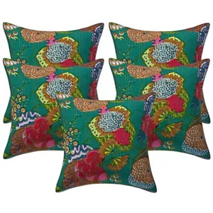 5 Pcs Set Fruit Print Kantha Cushion Covers Green Cotton Throw Pillows Cover - Picture 1 of 3