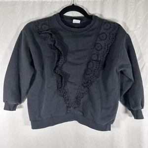 Zara Kids Sweater Girls 8 Black Crew Neck Crotche Accents Long Sleeve Pullover - Picture 1 of 8