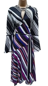 14 UK Karen Millen Asymmetric Stripe Midi Boho Evening Maxi Party Dress Bloggers - Picture 1 of 7