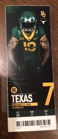 2019 Texas Longhorns vs Baylor Bears Football Unused Ticket Cover