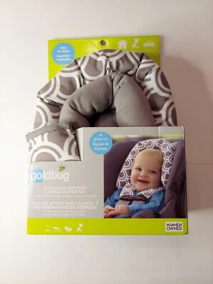 NEW GOLDBUG GRAY & WHITE DUO HEAD SUPPORT & STRAP COVER SET CAR SEAT/STROLLER - Image 1 of 3