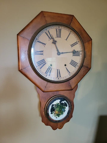 Antique Octagon Regulator Wood Wall Clock Strike Key-wind Painted Glass AS-IS Cover