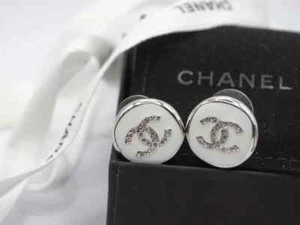 New AUTH CHANEL Crystal Classic CC Logo Earrings Silver Tone with Box - Picture 1 of 7