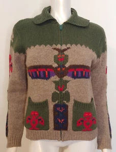 Vintage Cowichan Knit Native American TOTEM POLE Cardigan Sweater Women's M - Picture 1 of 8
