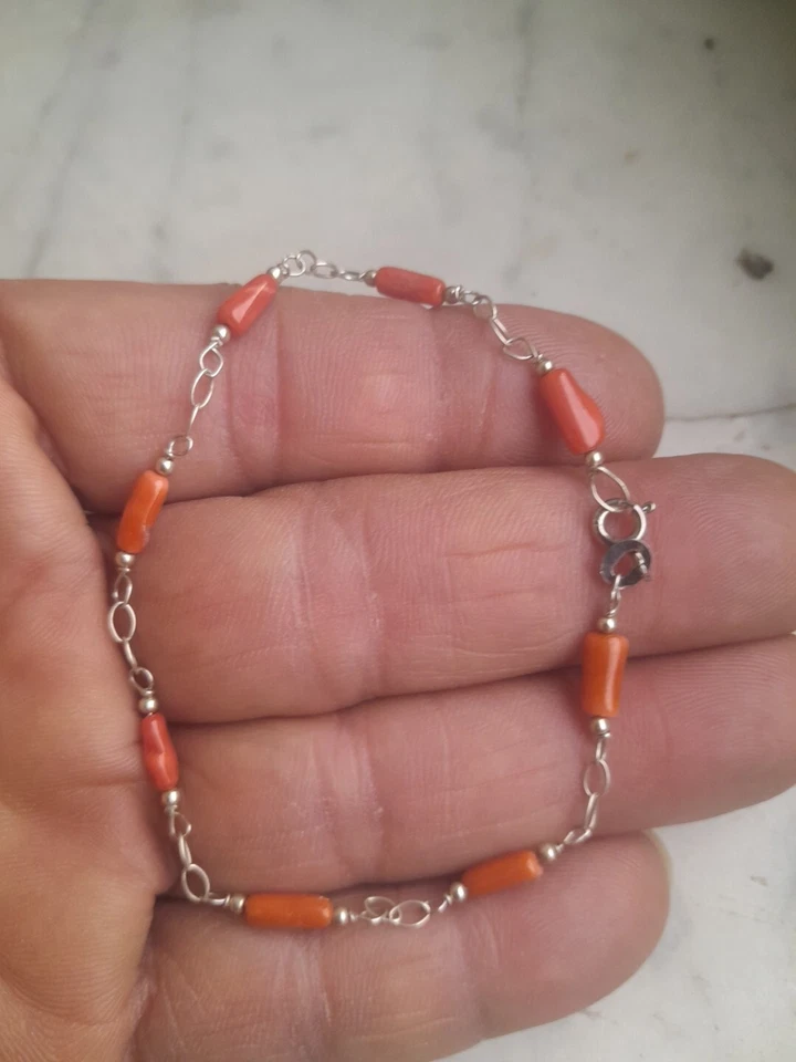 BRACCIALE  IN ARGENTO 925 CON CORALLO  ROSSO  DELLA SARDEGNA Cannettine. Vintage - Immagine 1 di 4