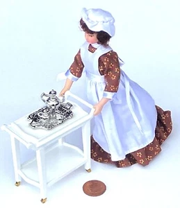 Dolls House Maid and Serving Tea Trolley and Tea Set Miniature 1:12 Scale tumdee - Picture 1 of 4