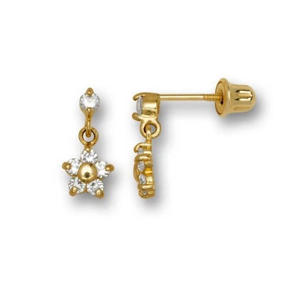 14k Yellow & White Gold Flower Dangle Stud Screw back Earrings for Girls - Image 1 of 4