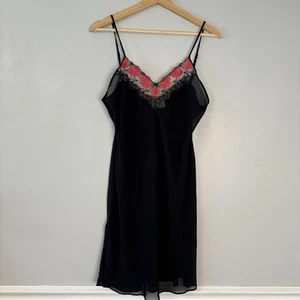 Size M Sheer Black Teddy Slip Dress Nightgown Rose Embroidery Chemise Gilligan - Picture 1 of 5