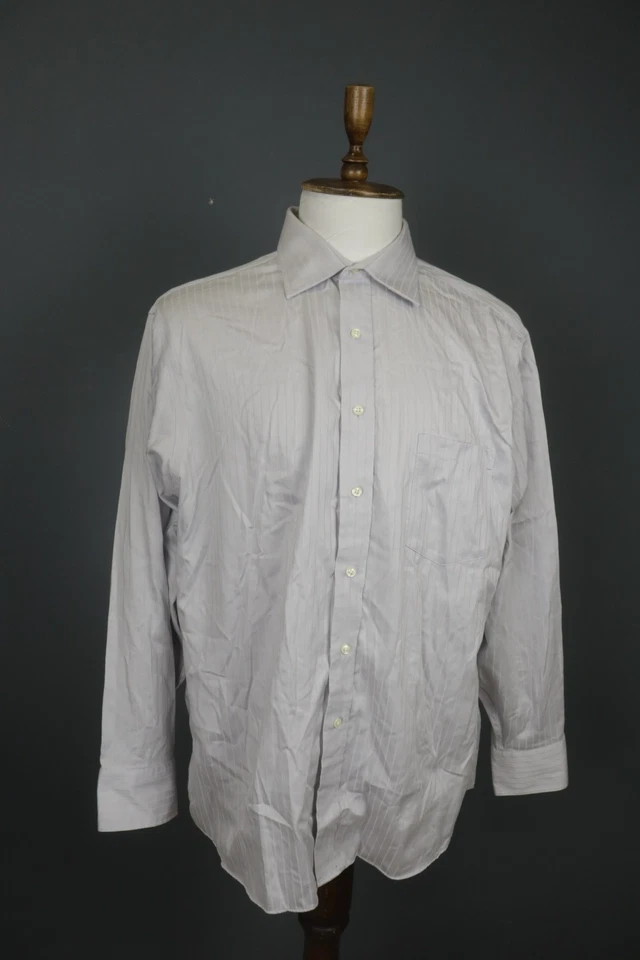 DONALD J. TRUMP Gray Striped Cotton Long Sleeve Collared Dress Shirt Sz 34 / 35 - Image 1 of 4