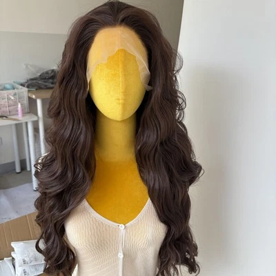 Lace Frontal Wig Natural Heat Resistant Hair Long Wavy Dark brown - Image 1 of 4