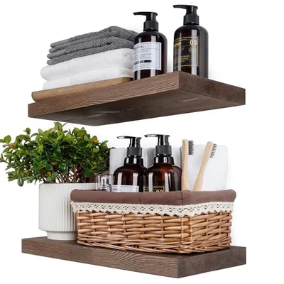 Wood Floating Shelves for Wall Set of 2, Rustic Wooden 16 inch Dark Walnut - Image 1 of 4
