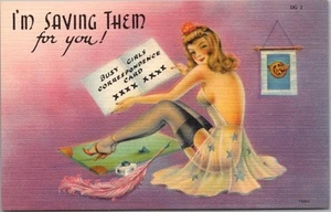 c1940s Pin-Up Girl Postcard "I'm Saving Them For You" Tichnor Linen #DG-2 Unused - Picture 1 of 2