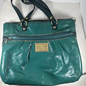COACH Poppy Liquid Gloss Large Teal Shoulder Purse Handbag Tote - Picture 1 of 9