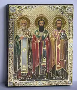 Ikone drei Weiher geweiht Holzplatte икона Три святителя освящена 12x10x2 cm - Picture 1 of 1