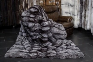 1391 Large Silver Fox Throw with special processing Pelt Blanket Real Fur Cover - Picture 1 of 11