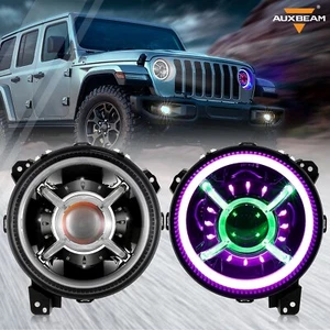 AUXBEAM 9" INCH LED Headlights Hi/Lo RGB DRL Lamp For Jeep JL JLU Rubicon Sahara - Picture 1 of 12