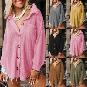 US Women Solid Long Sleeve Casual Loose Shirts V Neck Button Down Blouses Tops - Picture 1 of 26