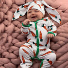 Infant Baby Boys&Girls Cartoon Carrot Print Romper Jumpsuit+Rrabbit Ears Hat Set