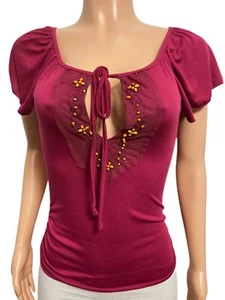 Y2K Wine Ruched Flutter sleeve beaded Gypsy tie front Keyhole top Boho Festival - Picture 1 of 4