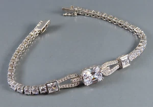 STERLING SILVER Stunning CZ Tennis Bracelet ART DECO STYLE Emerald Cut Center - Picture 1 of 8