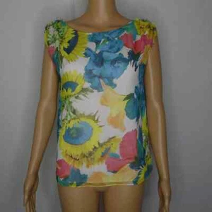 Blusa de seda con estampado floral de girasol Alice + Olivia manga gorra flores sin mangas - Imagen 1 de 12