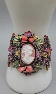 Carved Cameo & Floral Chain Cuff Bracelet Glass Stone & Rhinestone Accent 7"-8" - Picture 1 of 21