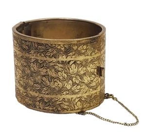 VTG Miriam Haskell Cuff Bracelet Gilt Etched 2" Wide Signed w/Chain - Picture 1 of 24