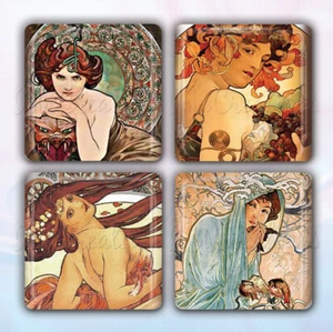 Alphonse Mucha Art  Collection Set of 4 Glass Tile Magnets 1.18" square - Picture 1 of 3