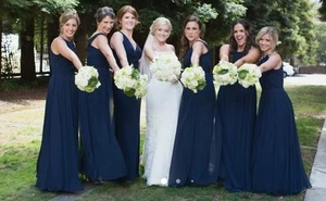 Vivian Dessy Diamond Creations Navy Long Pencil Dress Bridesmaid Gown Sz 12 - Picture 1 of 9