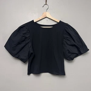 A New Day Women’s Black Cropped Shirt W/ Puff Sleeves Size Medium - Picture 1 of 8