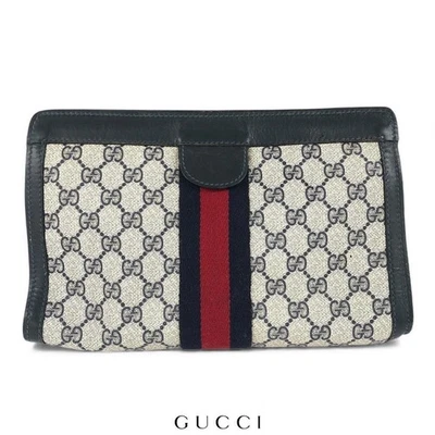 Auténtico bolso clutch GUCCI GG Supreme Sherry Line azul marino fucsia PVC de Japón Foto 1 de 4