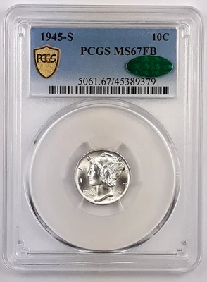 Moneda de diez centavos Mercury 1945 S ~ graduación profesional MS67FB ~ con CAC ~ bandas completas Foto 1 de 3