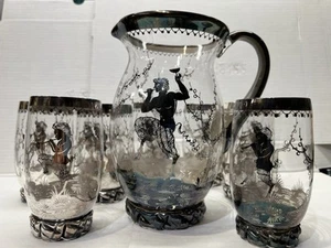Antico set brocca acqua vetro sovrapposto argento sterling SATYR BABIES 9 bicchieri - Foto 1 di 24