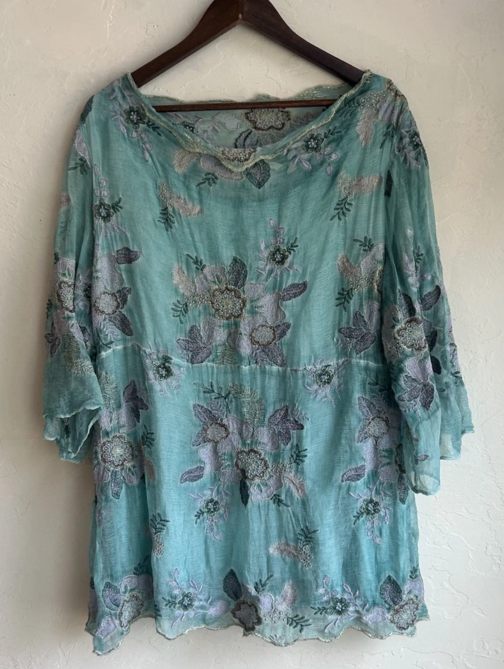 Soft Surroundings Embroidered Silk Tunic Top XL Petite Metallic Floral Fairy - Image 1 of 4