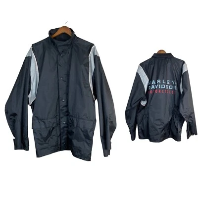 Harley Davidson Rain Jacket Mens Medium Black Nylon Spell Out Motorcycles Zip Up - Image 1 of 4