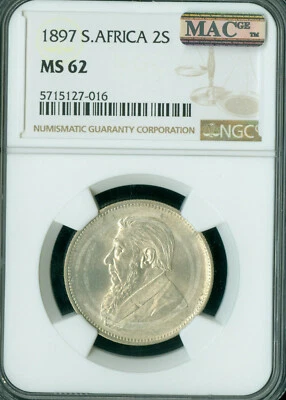 1897 SOUTH AFRICA 2 SHILLINGS NGC MS62 PQ MAC SPOTLESS RARE * - Image 1 of 2
