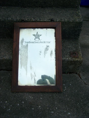 VINTAGE ADVERTISING STAR BRAND SHOES OAK FRAME BEVELED MIRROR CAST IRON FINIALS Cover