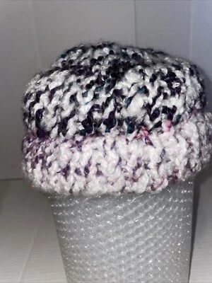 Handmade knit beanie hat stocking cap ladies navy white and purple winter warm - Image 1 of 4