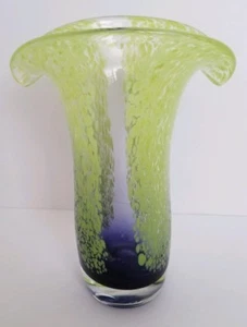 Handblown Heavy Glass Tulip Top Vase Purple Base Green Speckles EXC - Picture 1 of 5