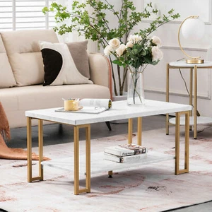 US Living Room Rectangle Coffee Table w/ White Faux-Marble Top &Gold Base Shelf - Picture 1 of 12