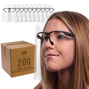 Salon World Safety Black Face Shields with Glasses Frames (200 Pack) - Anti-Fog - Picture 1 of 5