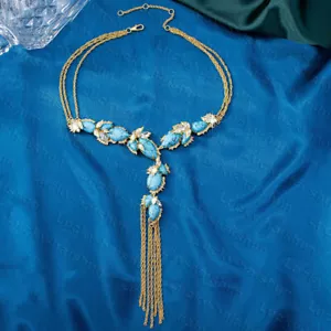 stylish natural baroque sky-blue turquoise zircon necklace filled gold macrame - Picture 1 of 4