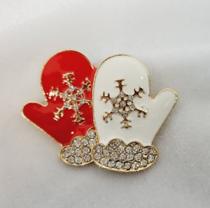 Christmas Mittens Brooch/Pin Gold Tone Red & White Enamel 1.25" x 1.5"