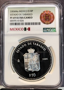 2004 MEXICO SILVER 10 PESOS S10P ESTADO DE TABASCO NGC PF 69 ULTRA CAMEO TOP POP - Picture 1 of 3