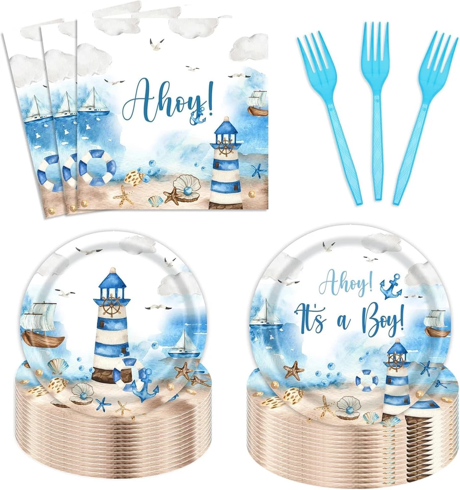 96Pcs Ahoy Nautical Boy Baby Shower Party Supplies, It'S a Boy Blue Marine Sea L Foto 1 de 4