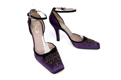 Prada Vintage Purple Floral Beaded Pumps Ankle Strap Heels Size 37 1/2 Y2K 00s - Image 1 of 4