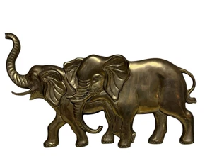 Vintage Enesco Brass Elephant Pair Wall Hanging 1984 Taiwan ROC 13" Long - Picture 1 of 6