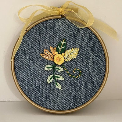 Hand Embroidery Yellow Flowers On Recycled Denim With Embroidery Hoop Frame - Image 1 of 2