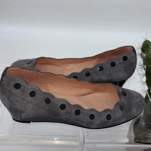 French Sole FS/NY Womens Flat Wedge Shoes Scalloped Grey Suede Patent Dots size - Picture 1 of 8